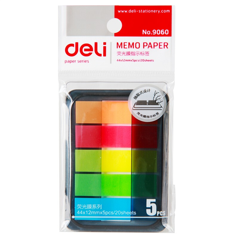 得力（deli） 9060 熒光指示標(biāo)簽/便簽條/便利貼/百事貼 44*12mm 5色*20張_http://bzsa.cn/img/images/C201902/1551161799805.jpg