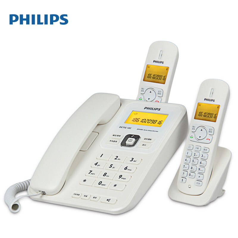 飛利浦(PHILIPS）無繩電話機(jī) 無線座機(jī) 子母機(jī) 辦公家用 中文菜單 雙免提 三方通話 DCTG182一拖二(白色)