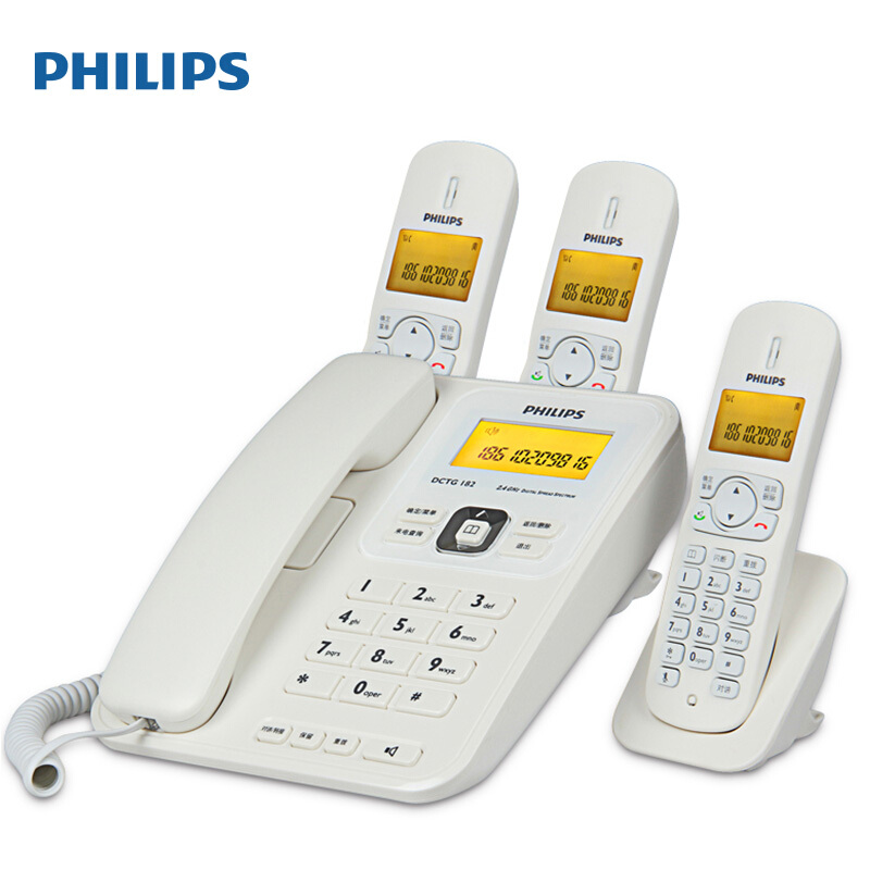  飛利浦(PHILIPS）無繩電話機(jī) 無線座機(jī) 子母機(jī) 辦公家用 三方通話 中文菜單 雙免提 DCTG182一拖三(白色)
