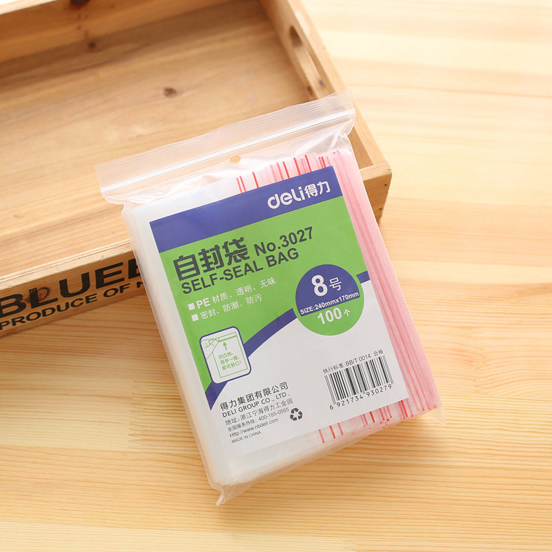 得力（deli） 3027 自封袋(透明)-8號(100個(gè)/包)240ｘ170mm0.04mm_http://bzsa.cn/img/sp/206/8c57c53e-24cf-4d6c-a371-3fd0c02cb402.jpg