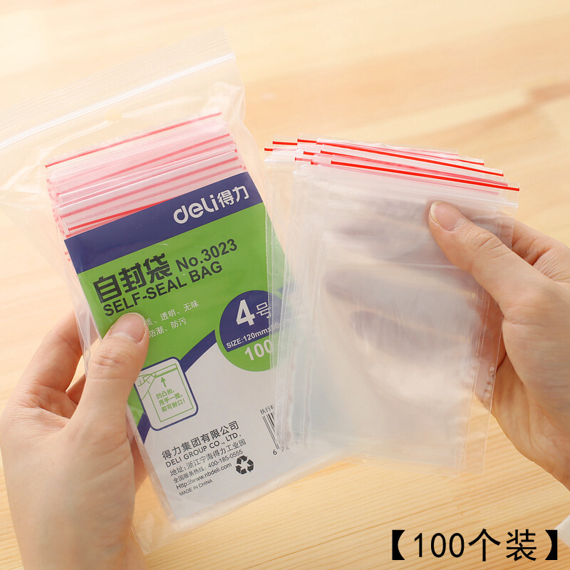 得力（deli） 3023 自封袋(透明)-4號(100個(gè)/包)120ｘ85mm0.04mm_http://bzsa.cn/img/sp/206/979e20f0-fc7b-4924-ae16-ea41a488d845.jpg