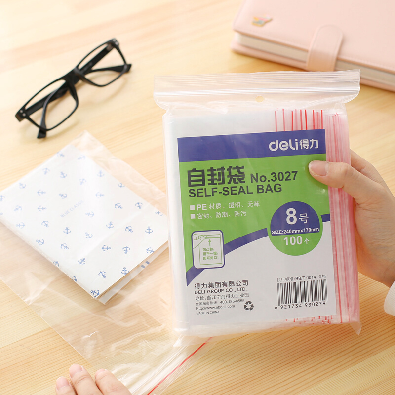 得力（deli） 3027 自封袋(透明)-8號(100個(gè)/包)240ｘ170mm0.04mm_http://bzsa.cn/img/sp/206/af8befdc-1ad5-4329-9360-ce721e30343f.jpg