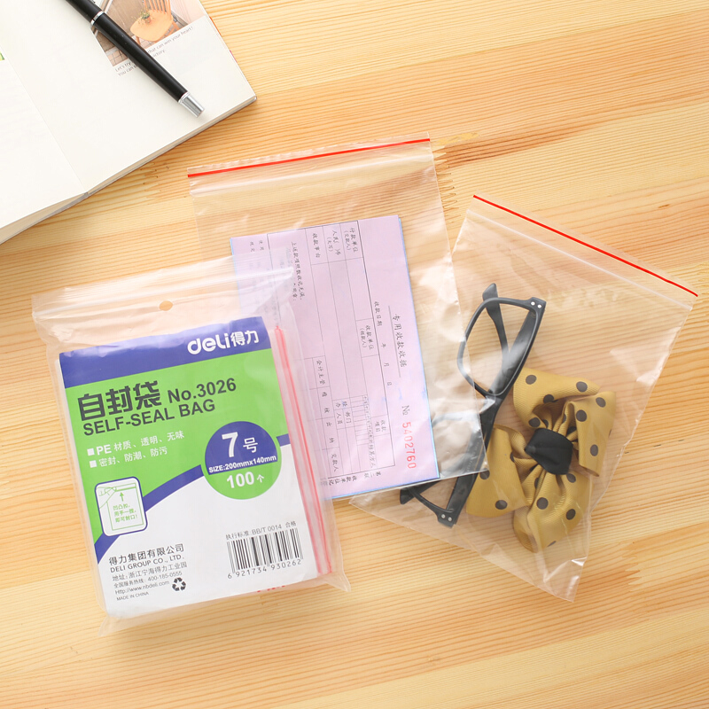 得力（deli） 3026 自封袋(透明)-7號(100個/包)200ｘ140mm0.04mm_http://bzsa.cn/img/sp/206/c5f1a81b-3433-4b02-b273-1880ed038910.jpg